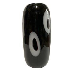 Murano Art Glass Black Cased Glass Vase Hand Blown White Circles Polished 13" H